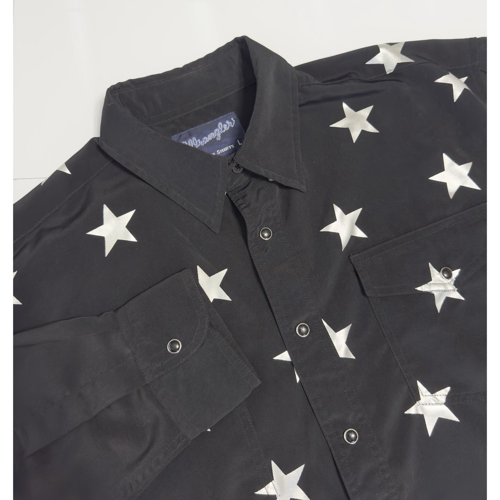 VTG 90s Wrangler Western Mens Pearl Snap Shirt L Metallic Silver Stars Cowboy